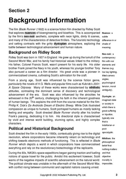 Text Guide page about Blade Runner, showing 'Background Information' with sections on Ridley Scott and 'Political and Historical Background' and sidebar definitions.