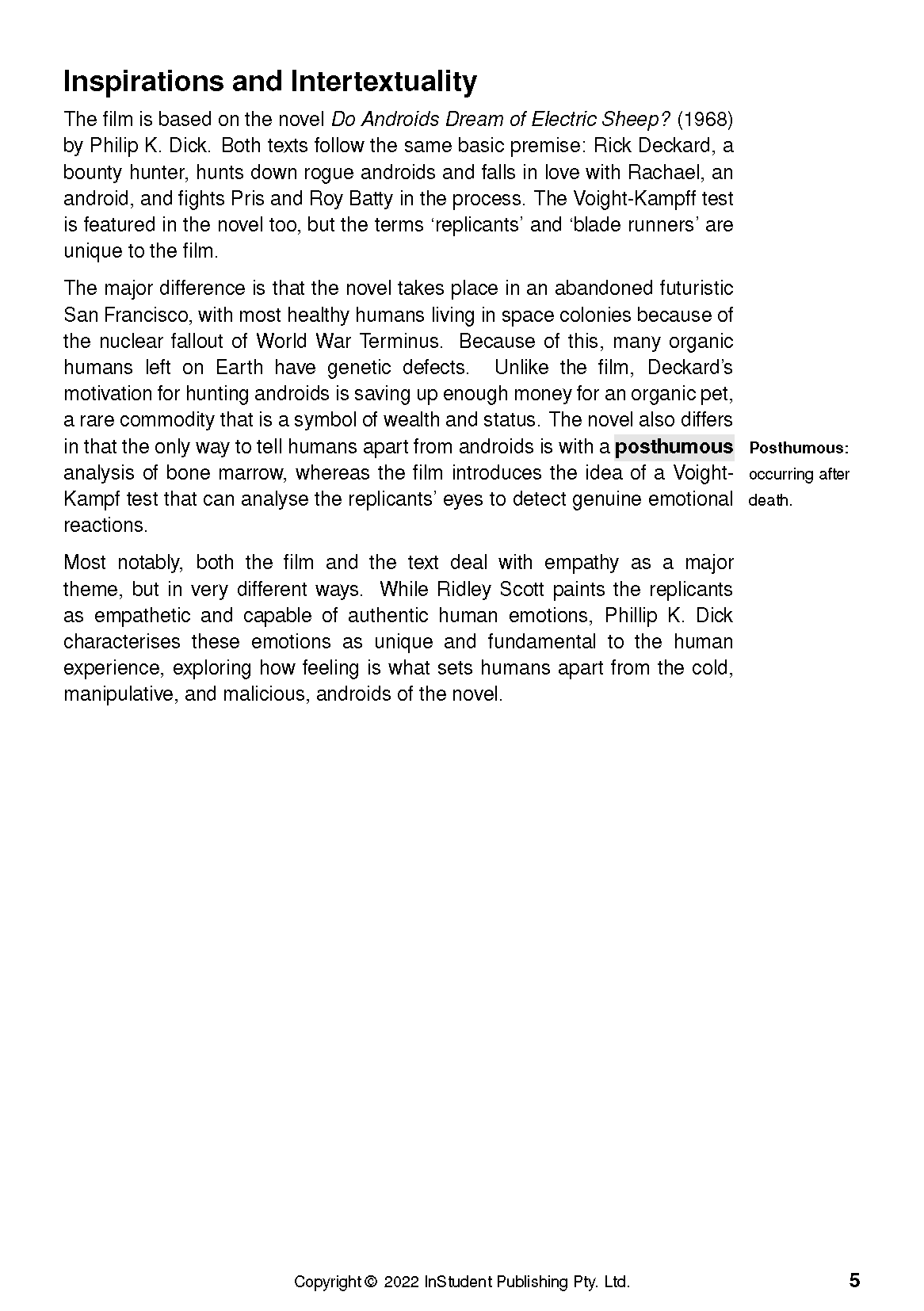 Text guide page with black text on a white background, titled 'Inspirations and Intertextuality', discussing 'Blade Runner' topics, with page number 5.