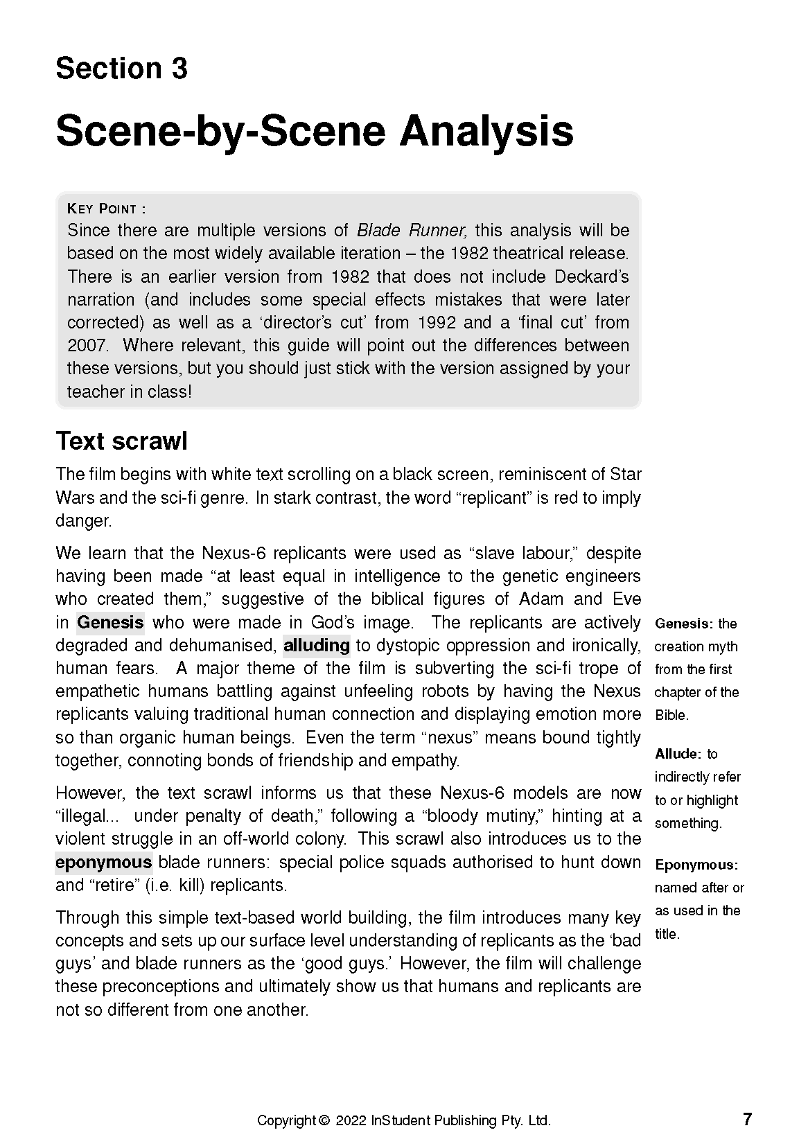 White Text Guide page for Blade Runner by Ridley Scott, detailing scene analysis and glossary definitions.