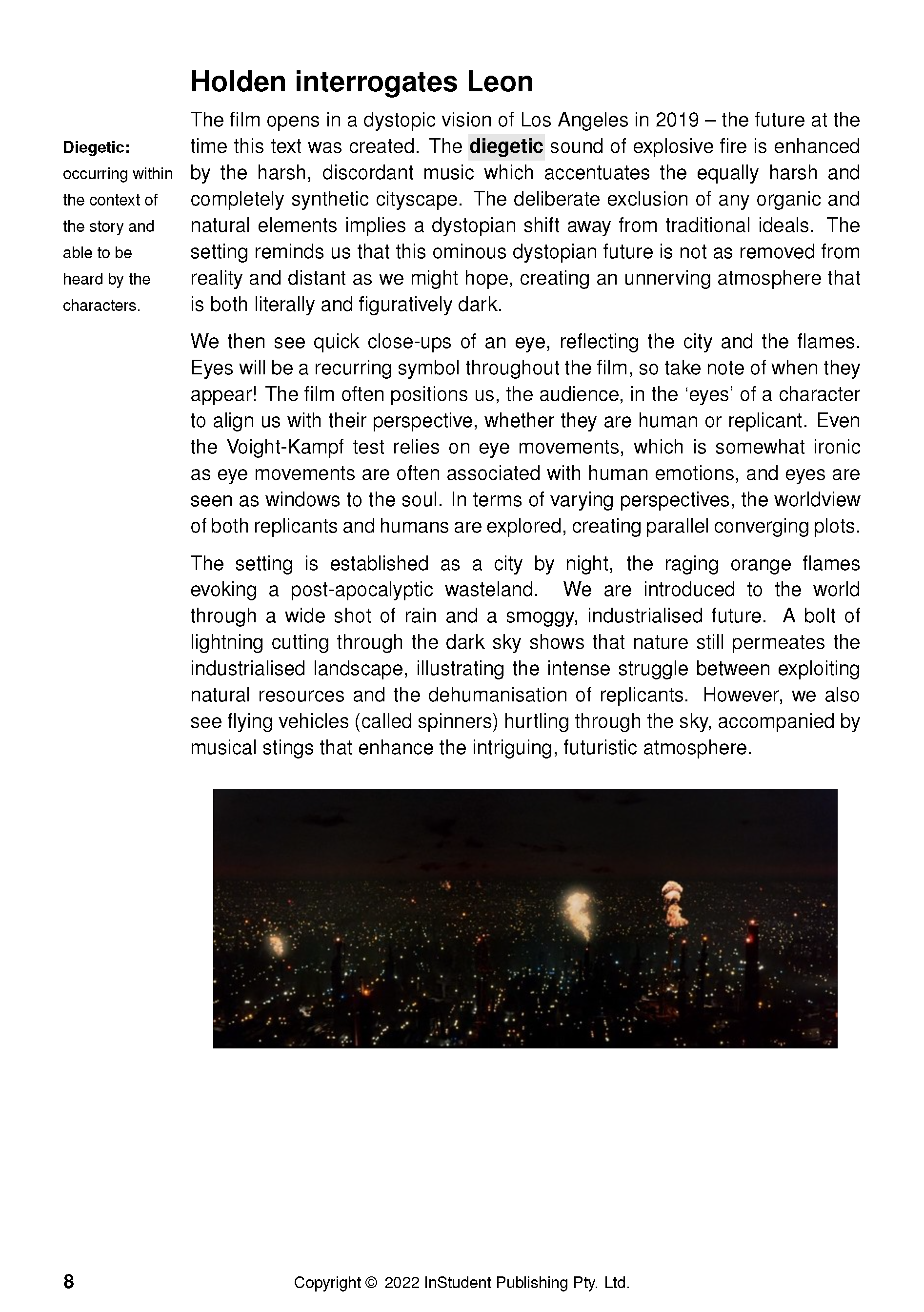 Text Guide page displaying analysis of Blade Runner, a diegetic definition, and a dark, futuristic cityscape.