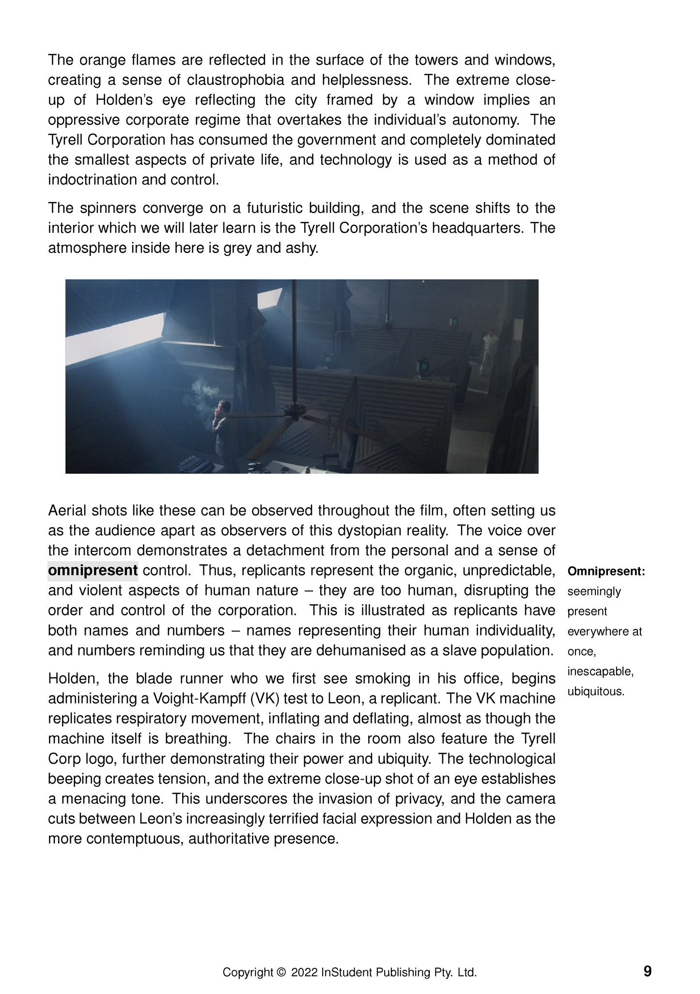 Page from Text Guide about Blade Runner by Ridley Scott, featuring analytical text, a dark movie still, and a definition.