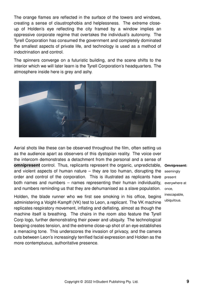 Page from Text Guide about Blade Runner by Ridley Scott, featuring analytical text, a dark movie still, and a definition.