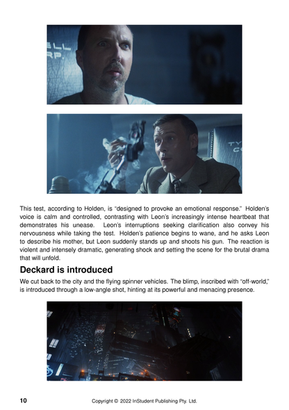 Text Guide for Blade Runner, featuring film stills of Leon and Holden, a futuristic cityscape, and analytical descriptions.