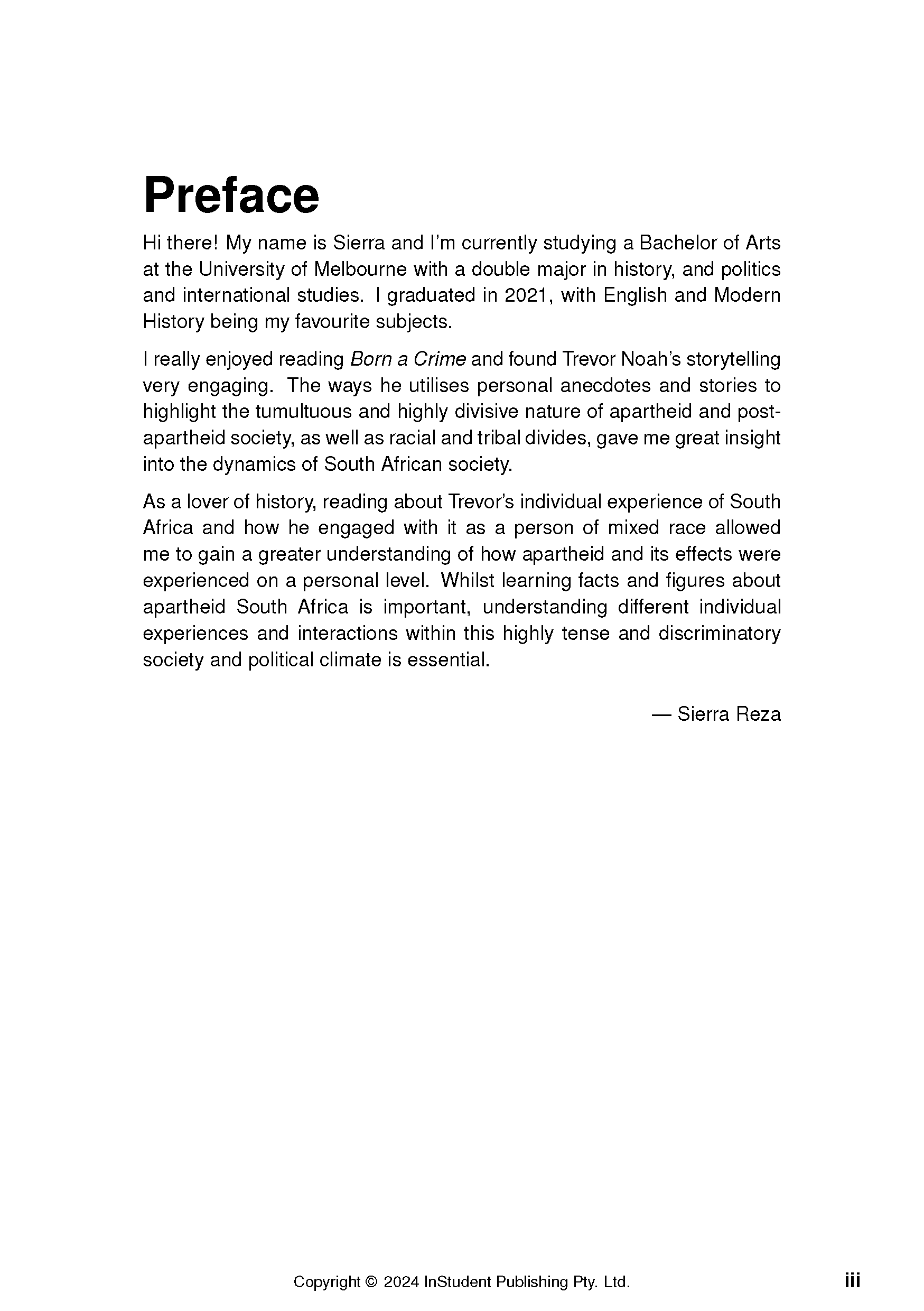 Text Guide page displaying the 'Preface' with black text discussing Trevor Noah and apartheid, signed by Sierra Reza.