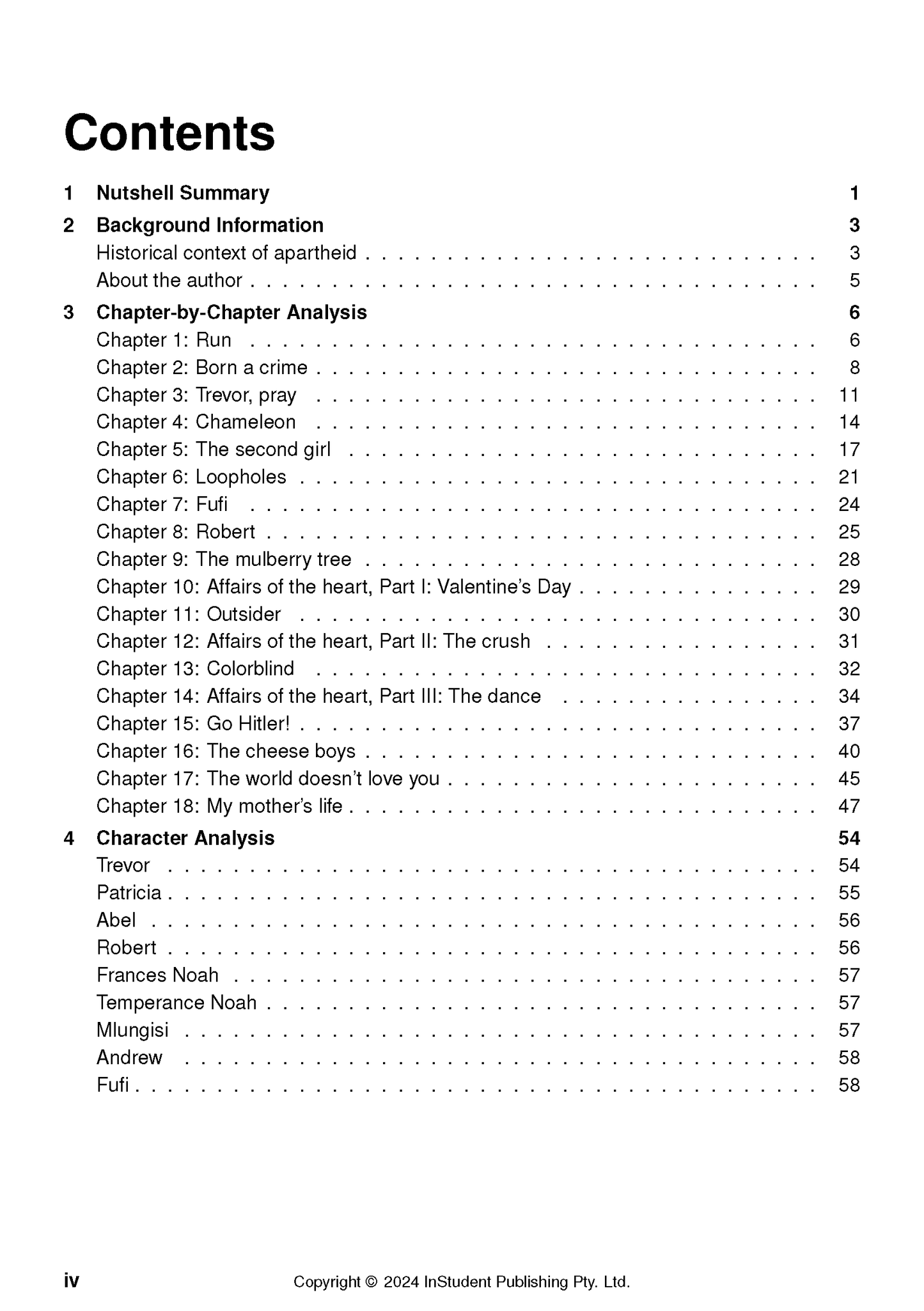 Text guide for Born a Crime by Trevor Noah, displaying a table of contents with numbered sections and page numbers.