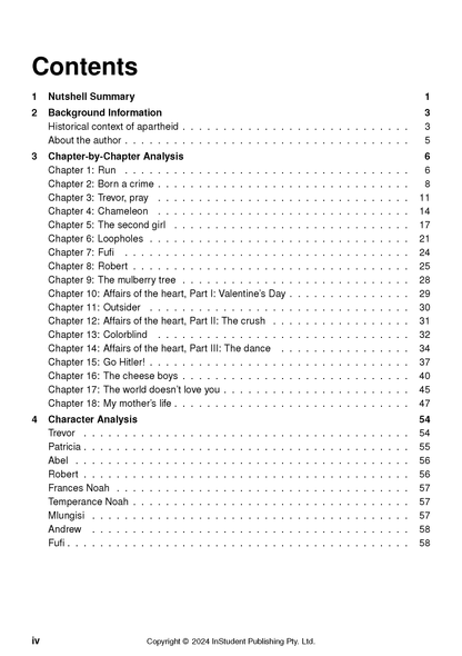 Text guide for Born a Crime by Trevor Noah, displaying a table of contents with numbered sections and page numbers.