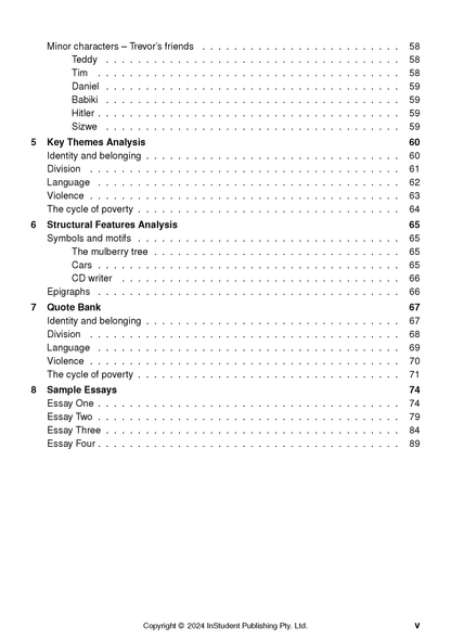 Text Guide for Born a Crime by Trevor Noah, displaying a table of contents page with sections and page numbers.