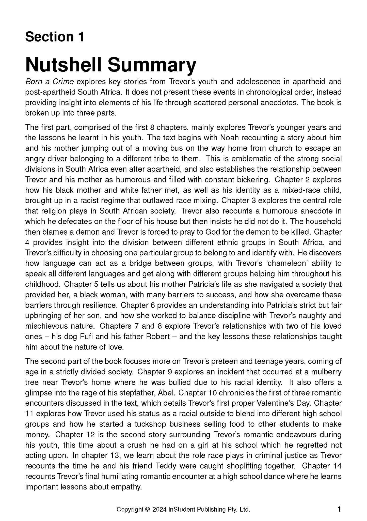 Text Guide for Born a Crime by Trevor Noah by InStudent Publishing Pty. Ltd., displaying a summary page from Section 1 on a white background.