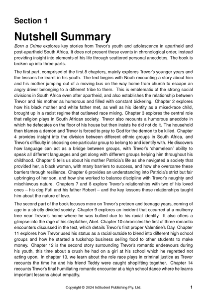 Text Guide for Born a Crime by Trevor Noah by InStudent Publishing Pty. Ltd., displaying a summary page from Section 1 on a white background.