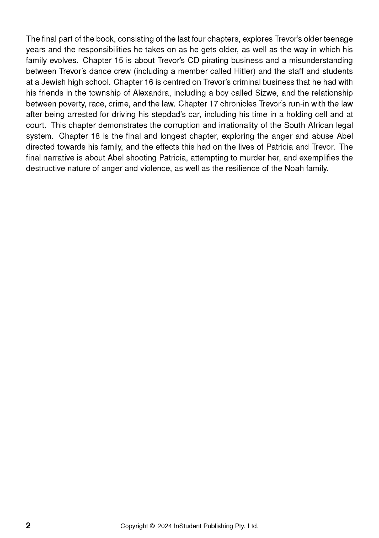 Text Guide page detailing the final chapters of 'Born a Crime' by Trevor Noah, with page 2 and copyright at the bottom.