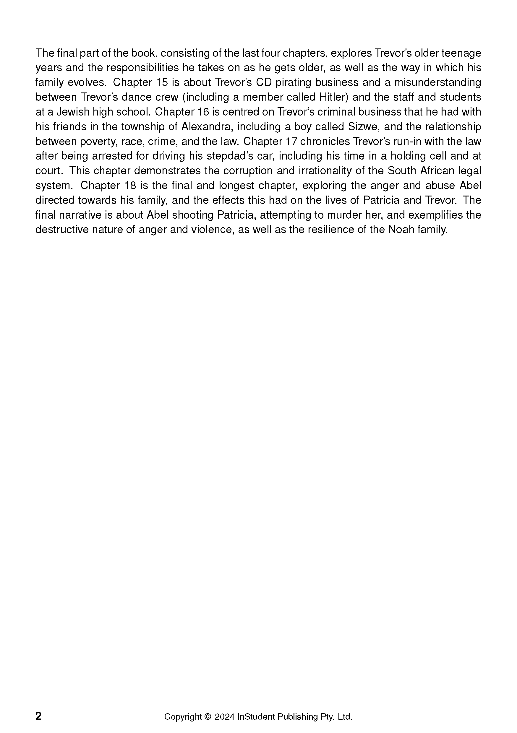 Text Guide page detailing the final chapters of 'Born a Crime' by Trevor Noah, with page 2 and copyright at the bottom.