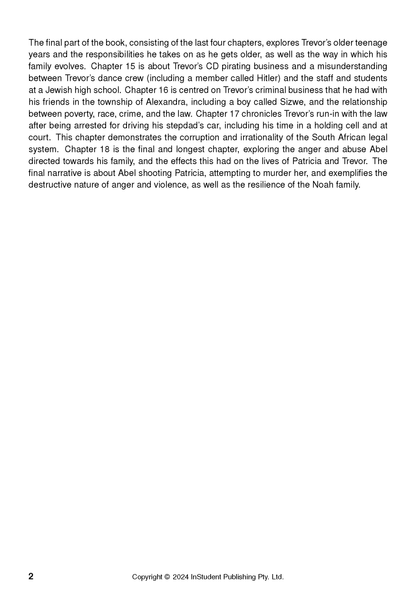 Text Guide page detailing the final chapters of 'Born a Crime' by Trevor Noah, with page 2 and copyright at the bottom.