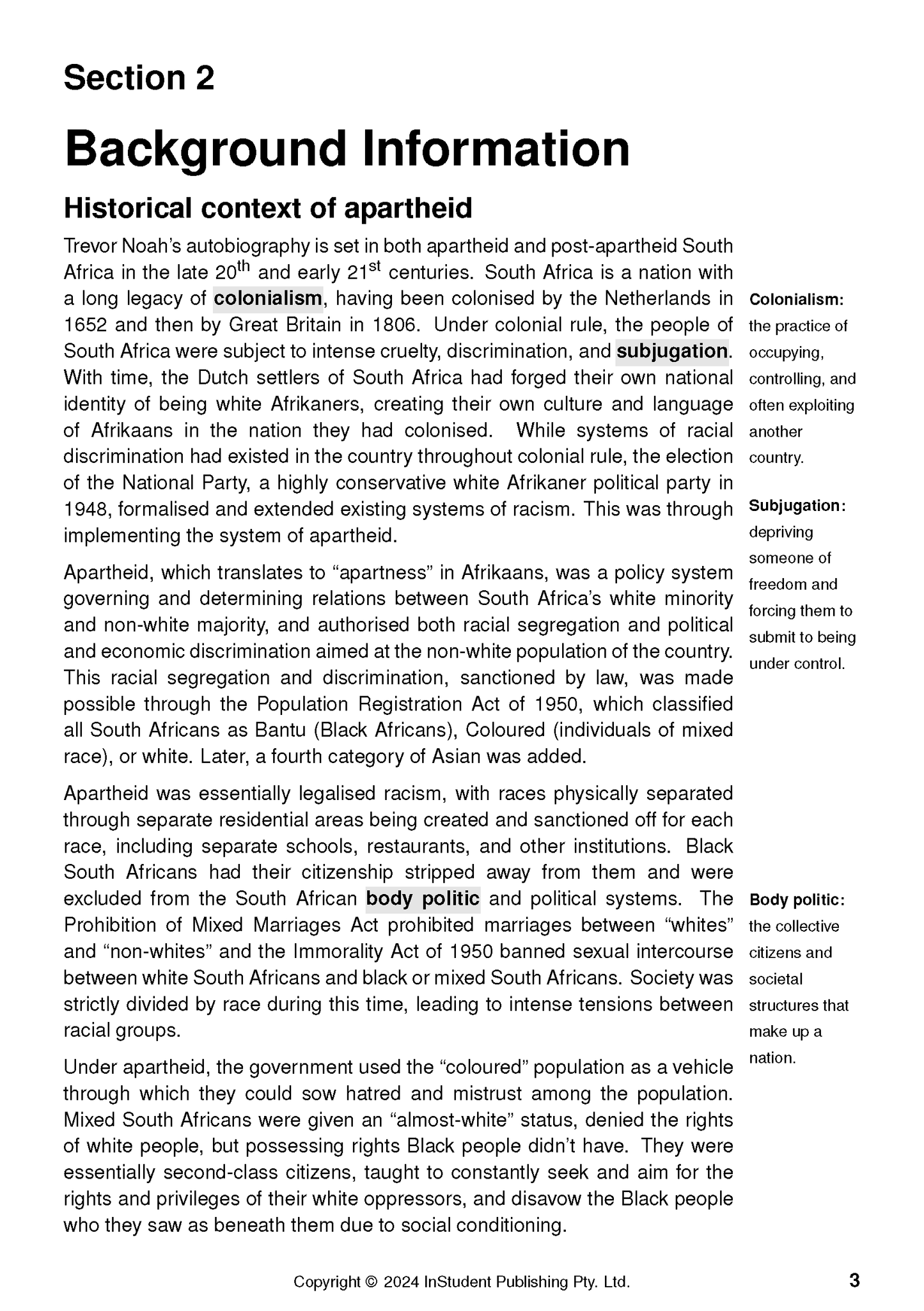 Text Guide for Born a Crime by Trevor Noah, displaying "Section 2 Background Information" on apartheid and colonialism with definitions in a side column.