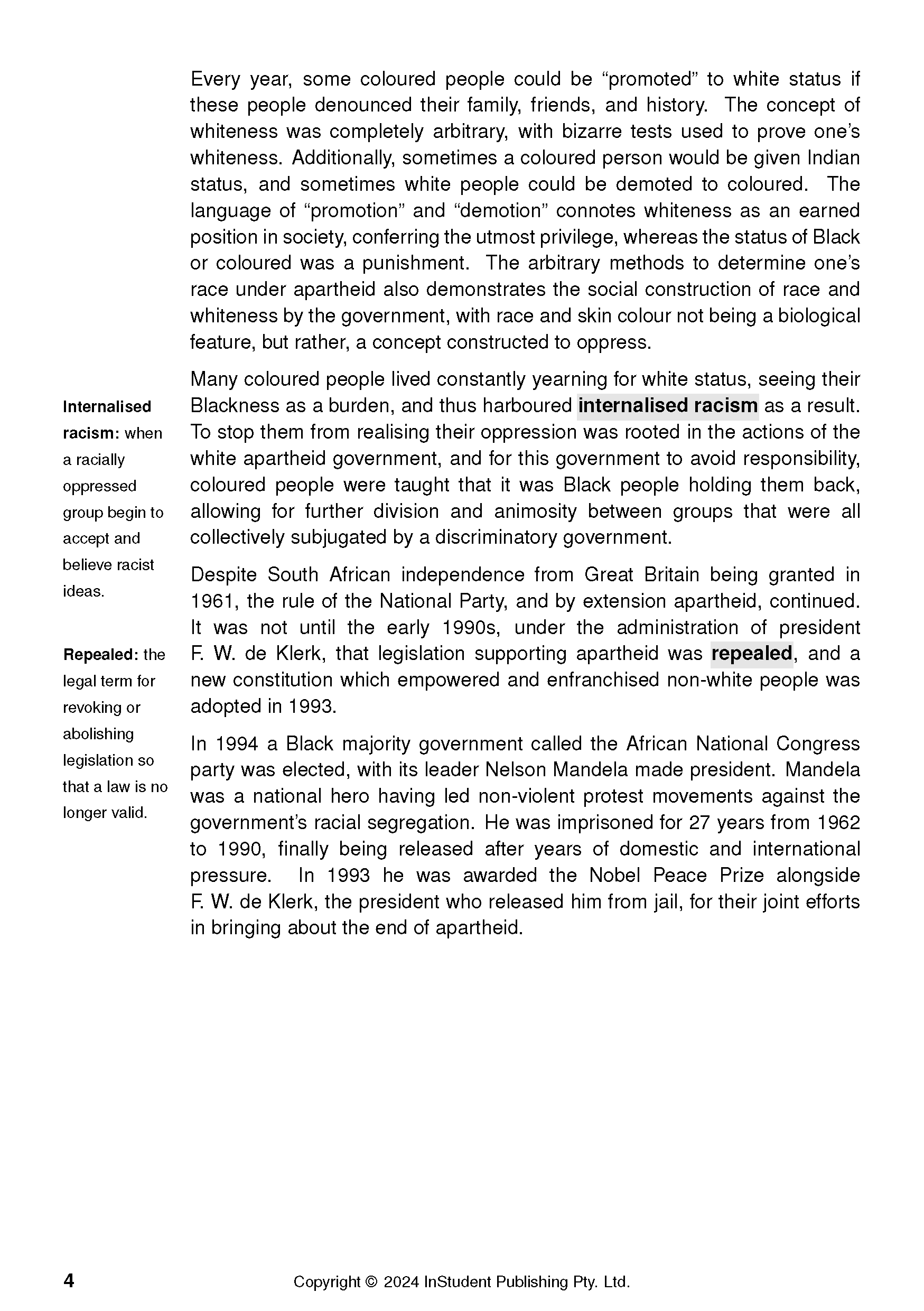 Text Guide for Born a Crime by Trevor Noah, showing a page with definitions and historical text about apartheid.