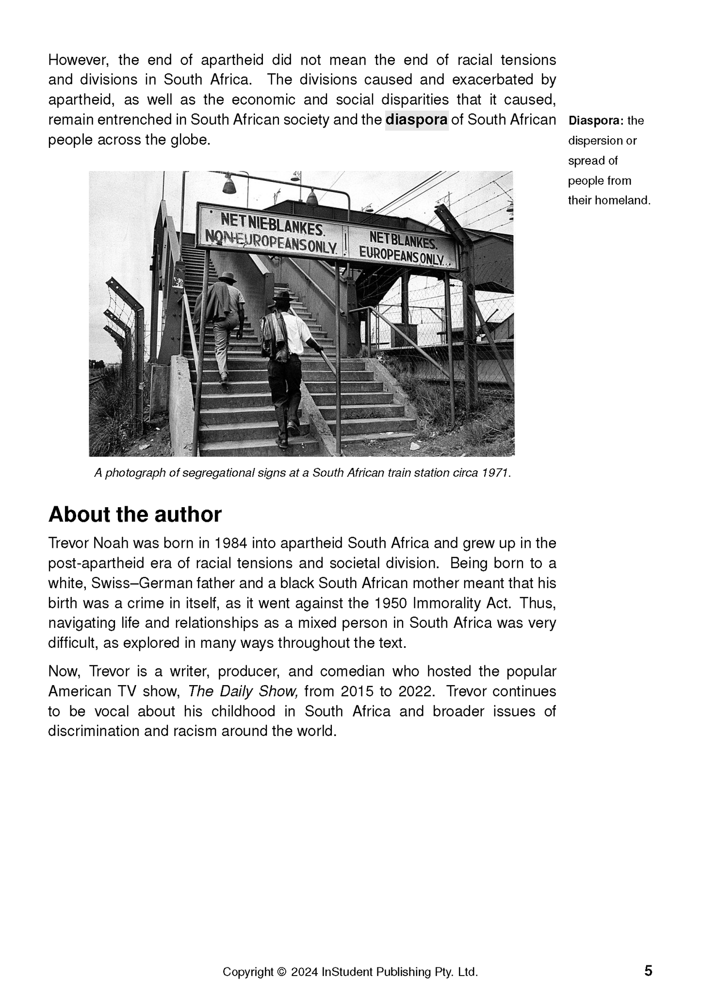 Text guide page detailing apartheid history, featuring a photograph of segregational signs and Trevor Noah's biography.