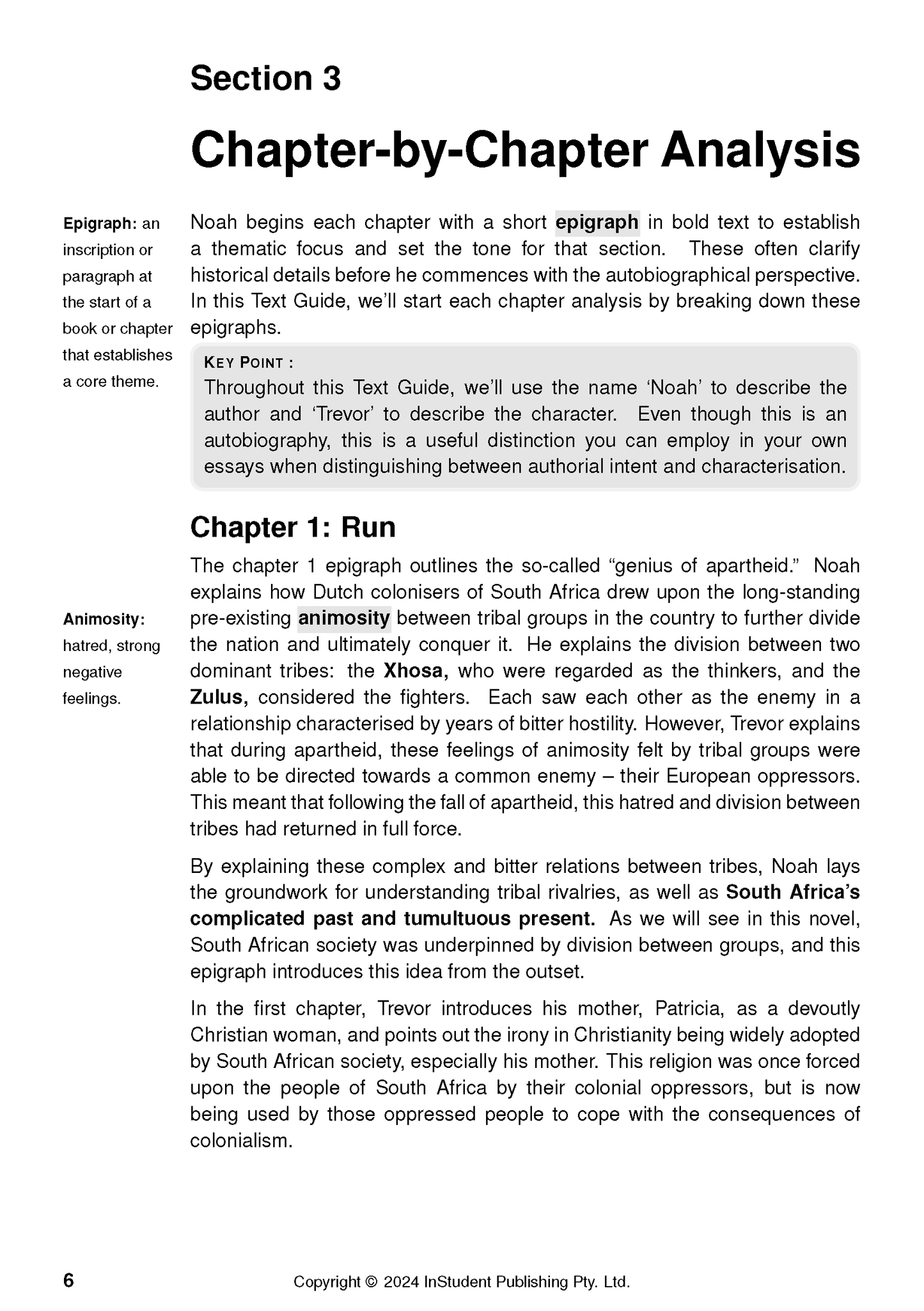 Text Guide for Born a Crime by Trevor Noah from InStudent Publishing Pty. Ltd., showing a chapter-by-chapter analysis page.