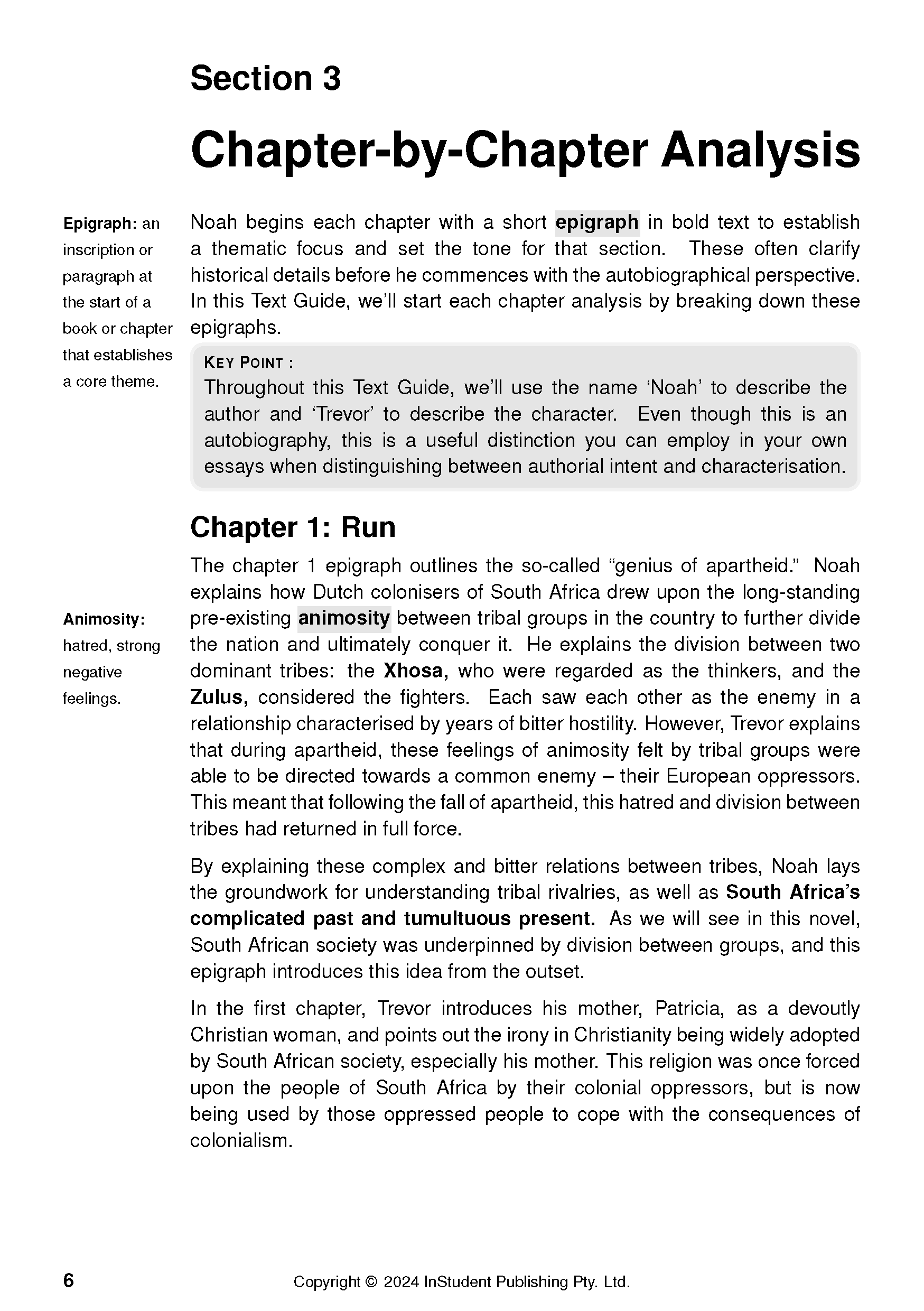 Text Guide for Born a Crime by Trevor Noah from InStudent Publishing Pty. Ltd., showing a chapter-by-chapter analysis page.