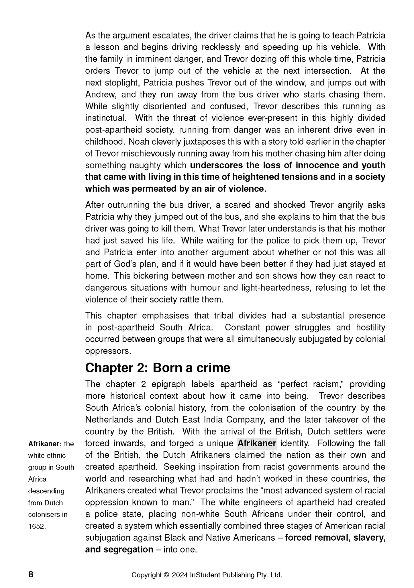 A page from a text guide for Born a Crime by Trevor Noah, detailing historical context and defining 'Afrikaner'.