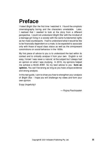 Text guide by InStudent Publishing Pty. Ltd. featuring a white preface page with black text, Rojina Parchizadeh's signature, and page number iii.
