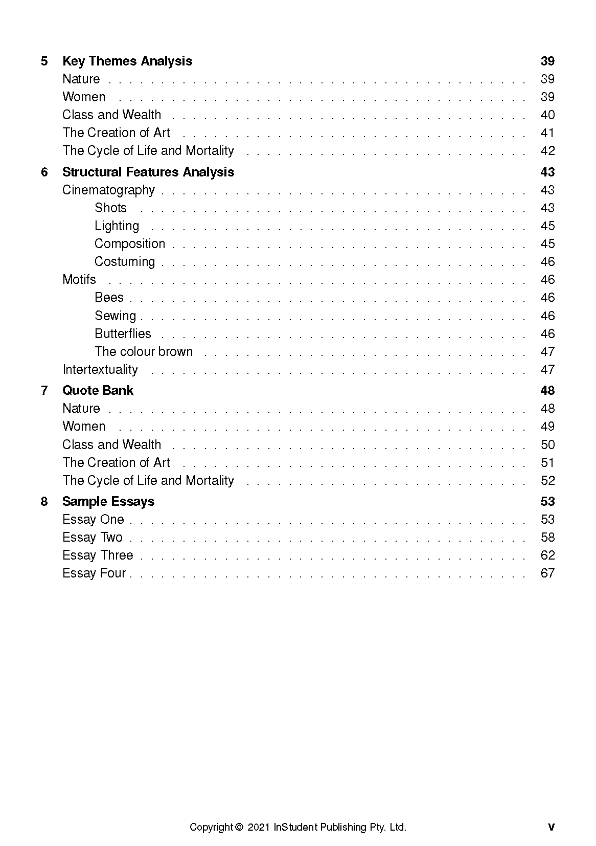 Text guide for Bright Star by Jane Campion, showing a table of contents page with analyses, quotes, and essay topics.