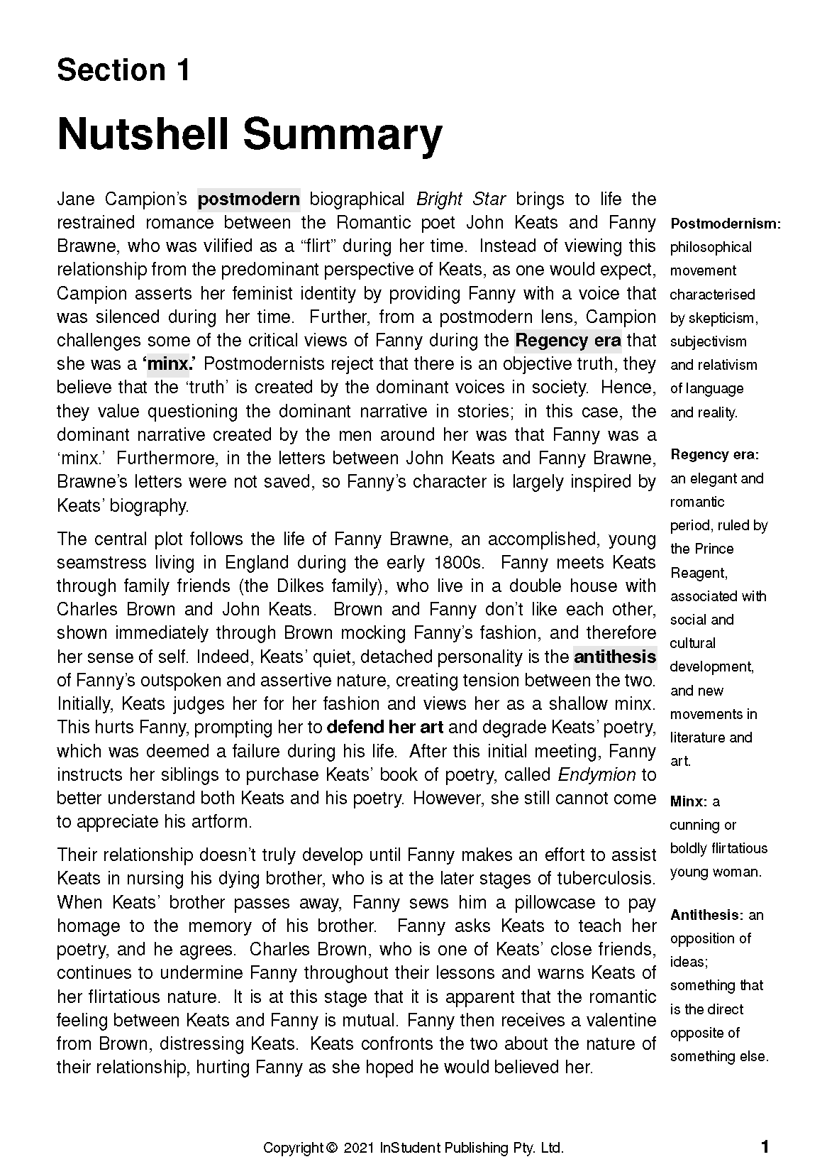 Text guide by InStudent Publishing Pty. Ltd. about Bright Star, featuring a Nutshell Summary and definitions sidebar in black text on white paper.