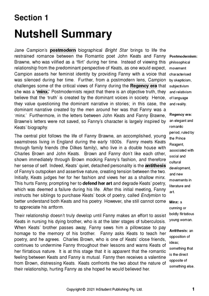 Text guide by InStudent Publishing Pty. Ltd. about Bright Star, featuring a Nutshell Summary and definitions sidebar in black text on white paper.