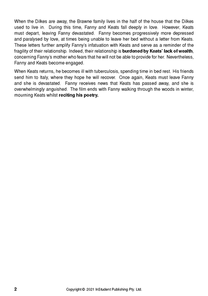 Text Guide page with black text on a white background, detailing the relationship between Fanny Brawne and John Keats.