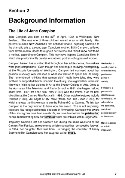 Text Guide page featuring 'Background Information' and 'The Life of Jane Campion' text with highlighted words and margin definitions.