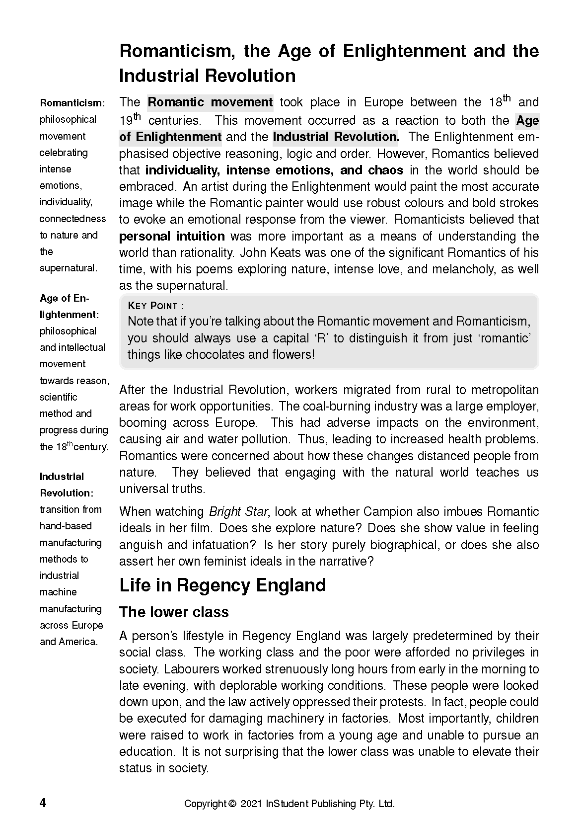Text Guide page discussing Romanticism, the Industrial Revolution, and Regency England, with a question about Campion's film Bright Star.