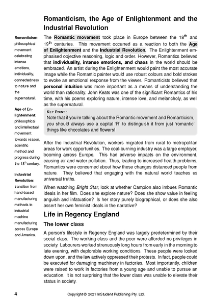Text Guide page discussing Romanticism, the Industrial Revolution, and Regency England, with a question about Campion's film Bright Star.