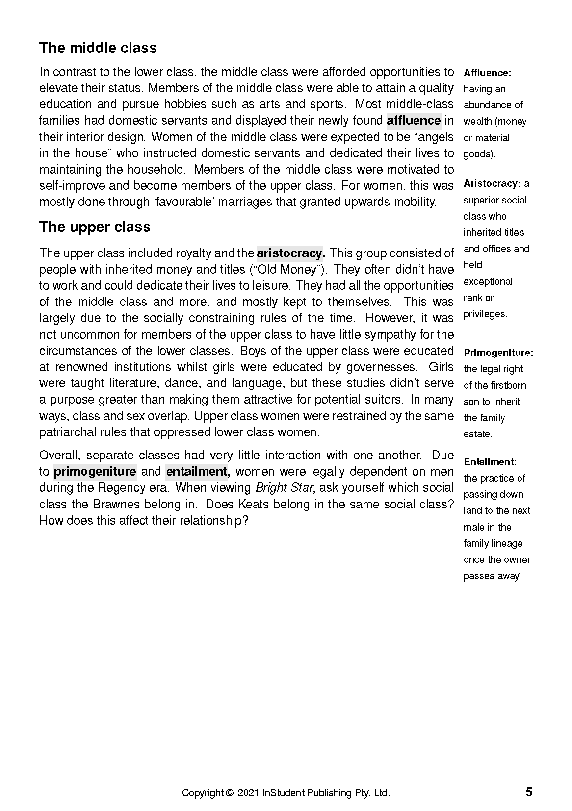 Page from a text guide showing definitions of social classes with highlighted terms and explanations.