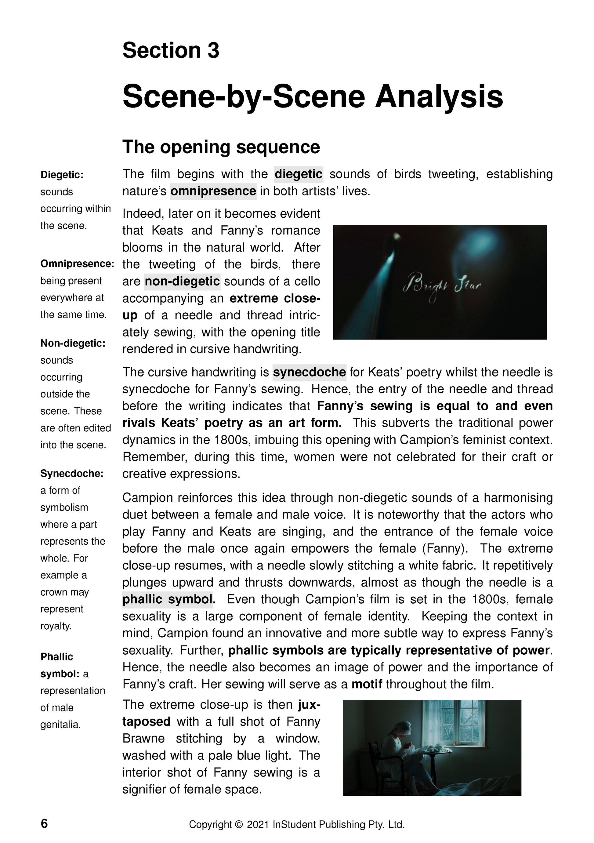 Text guide page detailing 'Bright Star' film analysis with definitions and two embedded film stills.