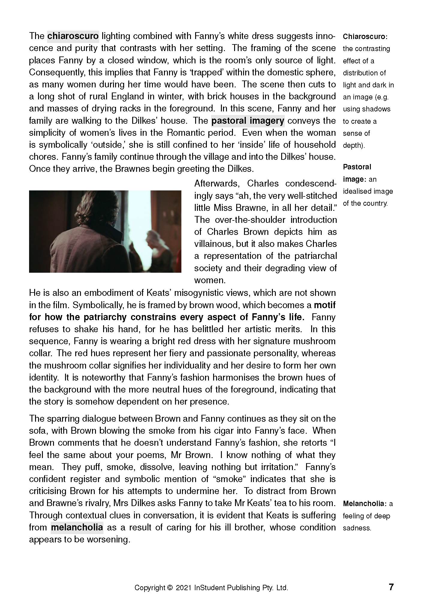 Text guide page with analytical content about 'Bright Star,' featuring black text, definitions, and an embedded image.
