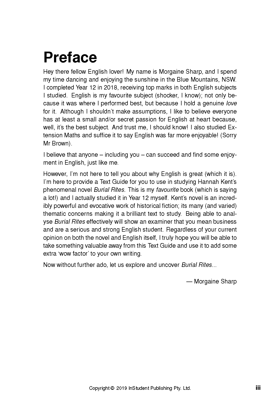 White text guide page for Burial Rites by InStudent Publishing, showing 'Preface' content and signature.