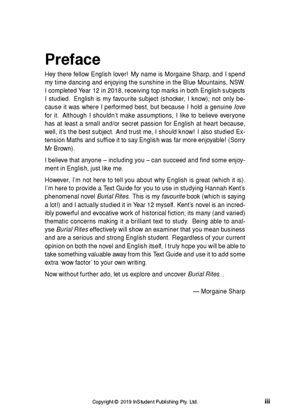 White text guide page for Burial Rites by InStudent Publishing, showing 'Preface' content and signature.
