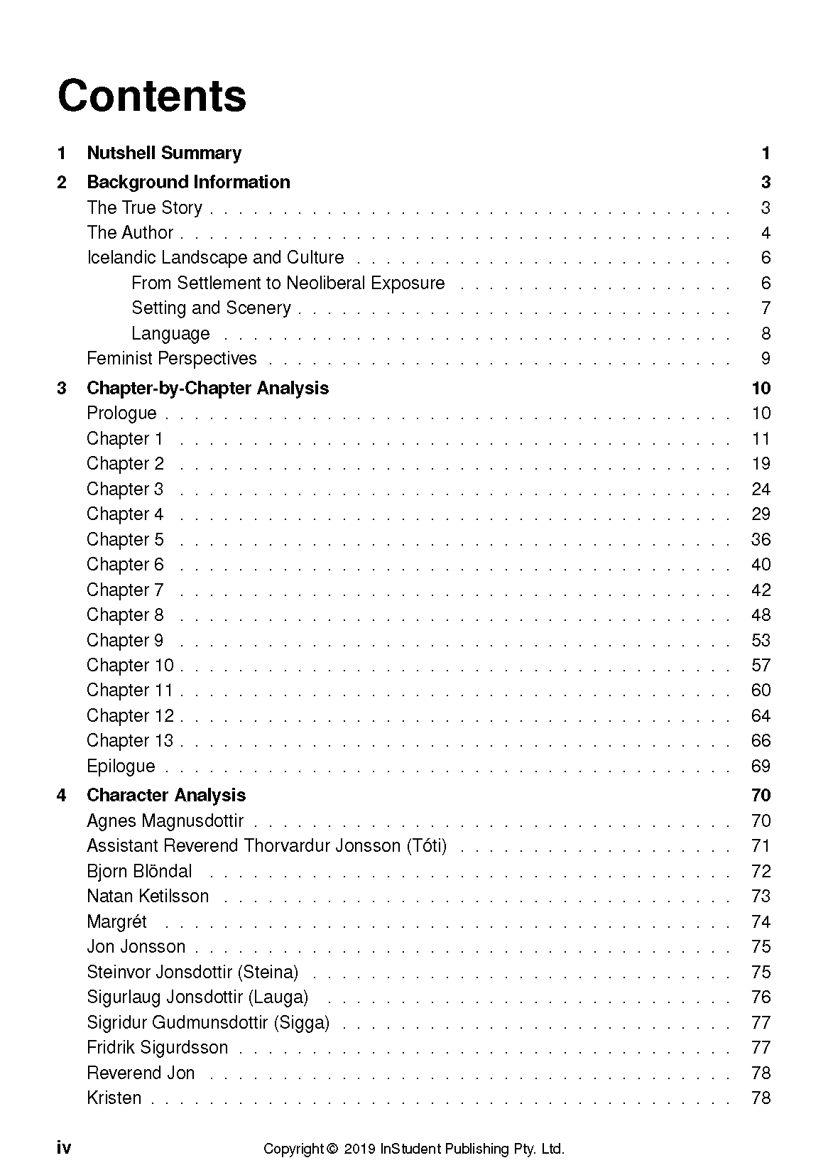 Text guide by Hannah Kent showing a detailed contents page with sections like 'Nutshell Summary' and 'Character Analysis', in black text on white paper.