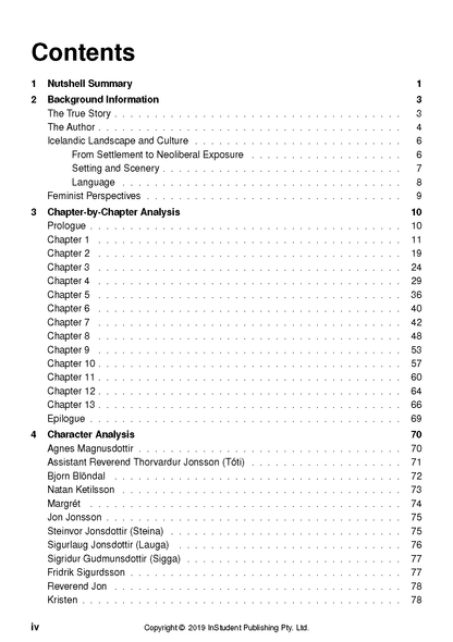 Text guide by Hannah Kent showing a detailed contents page with sections like 'Nutshell Summary' and 'Character Analysis', in black text on white paper.