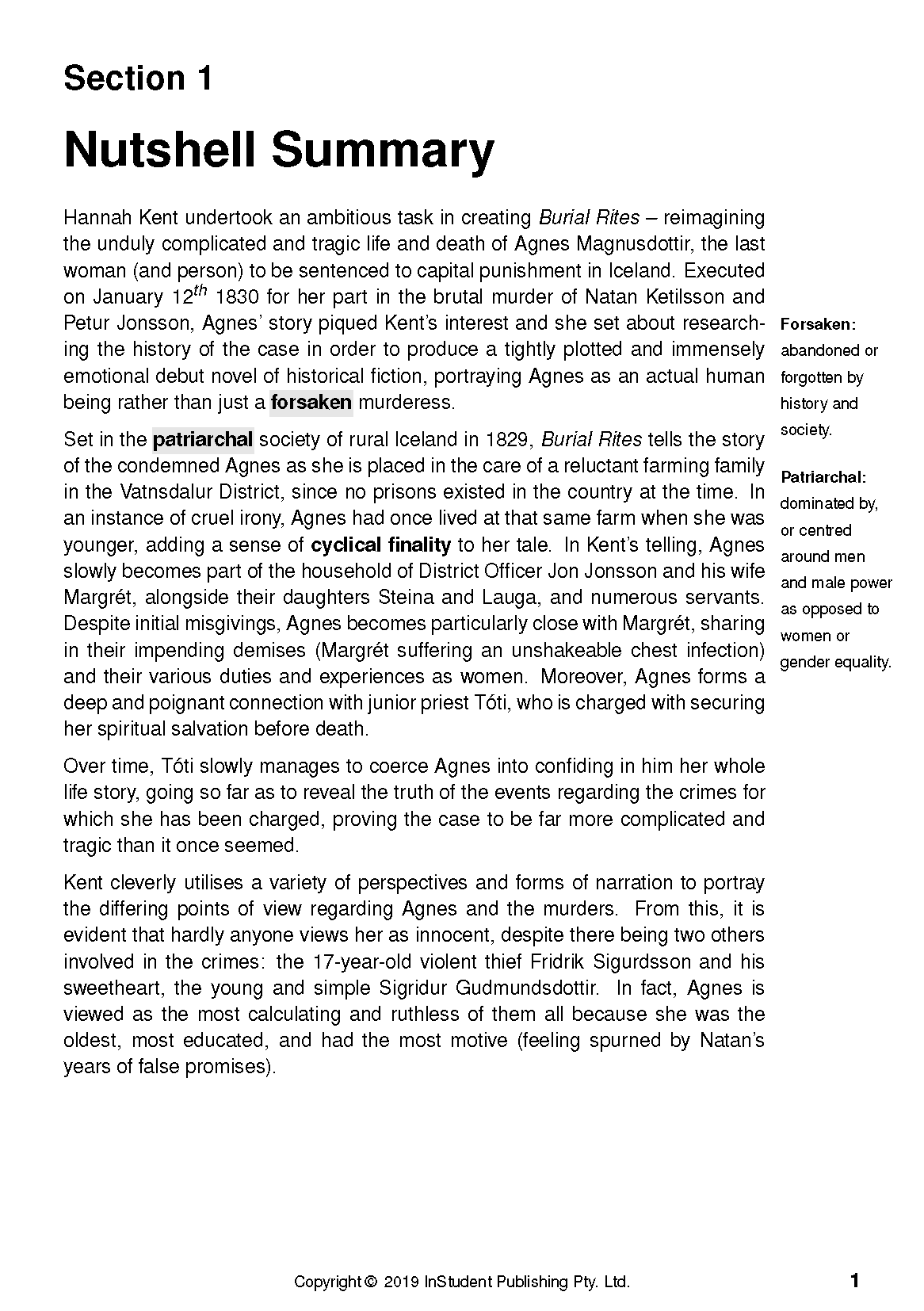 Text Guide page showing 'Nutshell Summary' with definitions for 'Forsaken' and 'Patriarchal' in a sidebar.