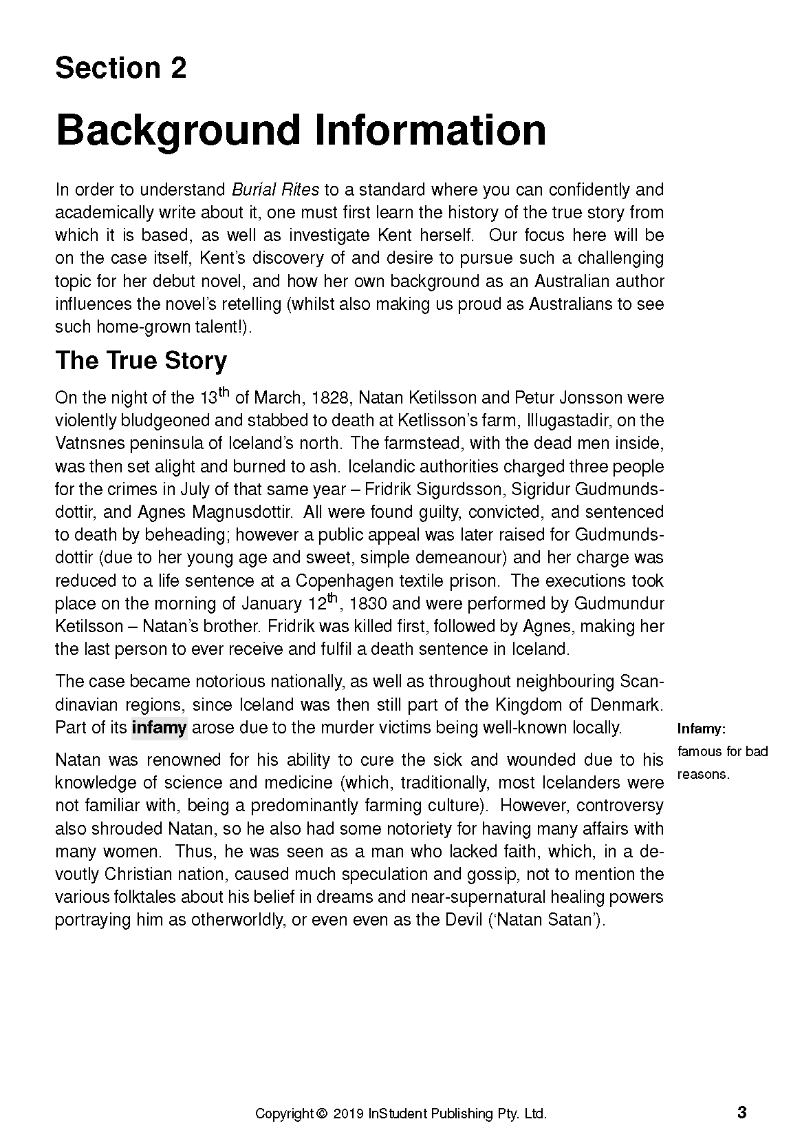 Academic Text Guide for Burial Rites by Hannah Kent, displaying a page with 'Section 2 Background Information' and an 'Infamy' definition.