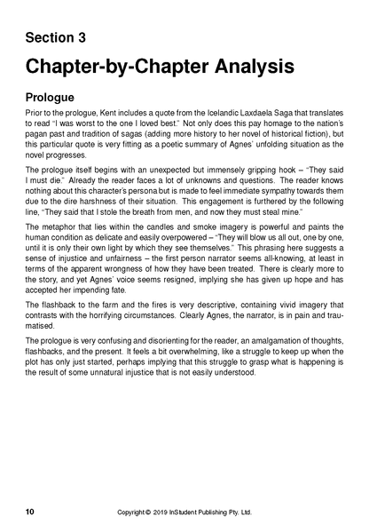 Text guide page with black text on a white background, showing section and chapter analysis headings.