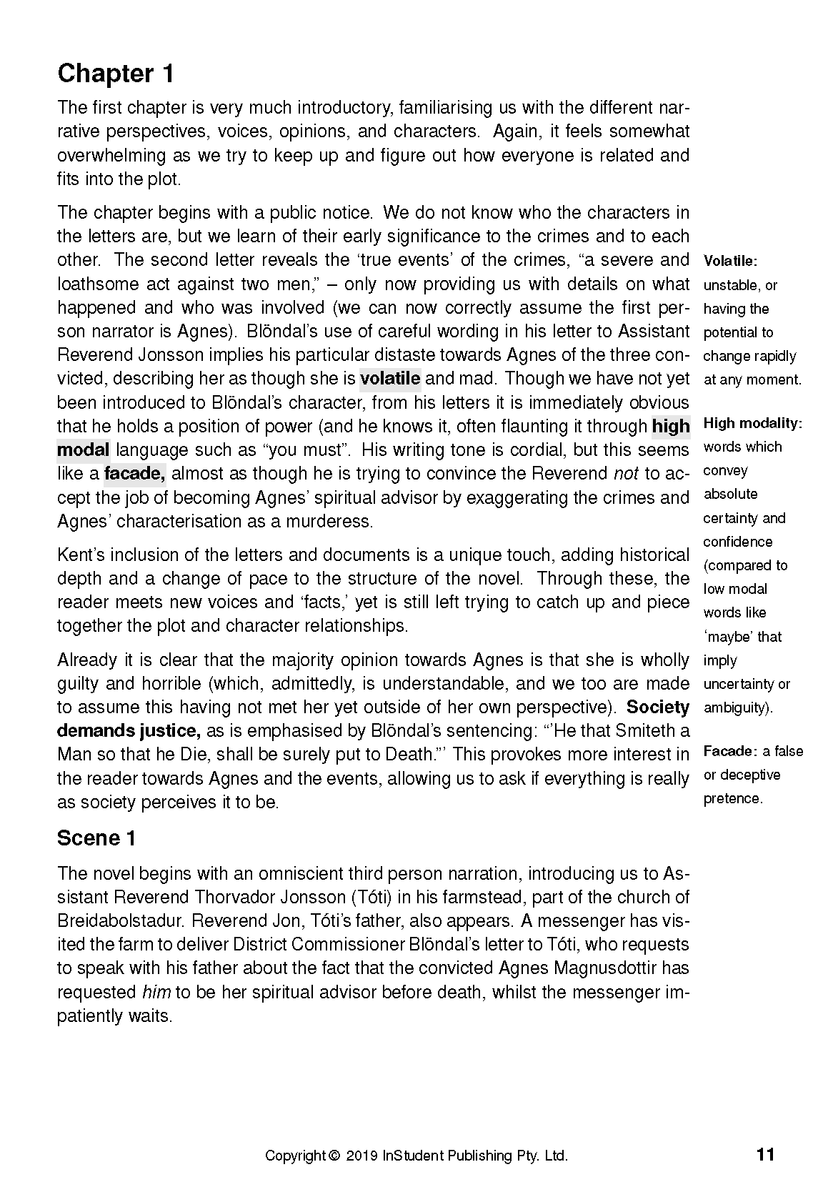 Text Guide for Burial Rites by Hannah Kent, showing a page with black text, 'Chapter 1' heading, and highlighted terms with side definitions.