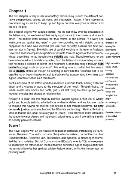 Text Guide for Burial Rites by Hannah Kent, showing a page with black text, 'Chapter 1' heading, and highlighted terms with side definitions.