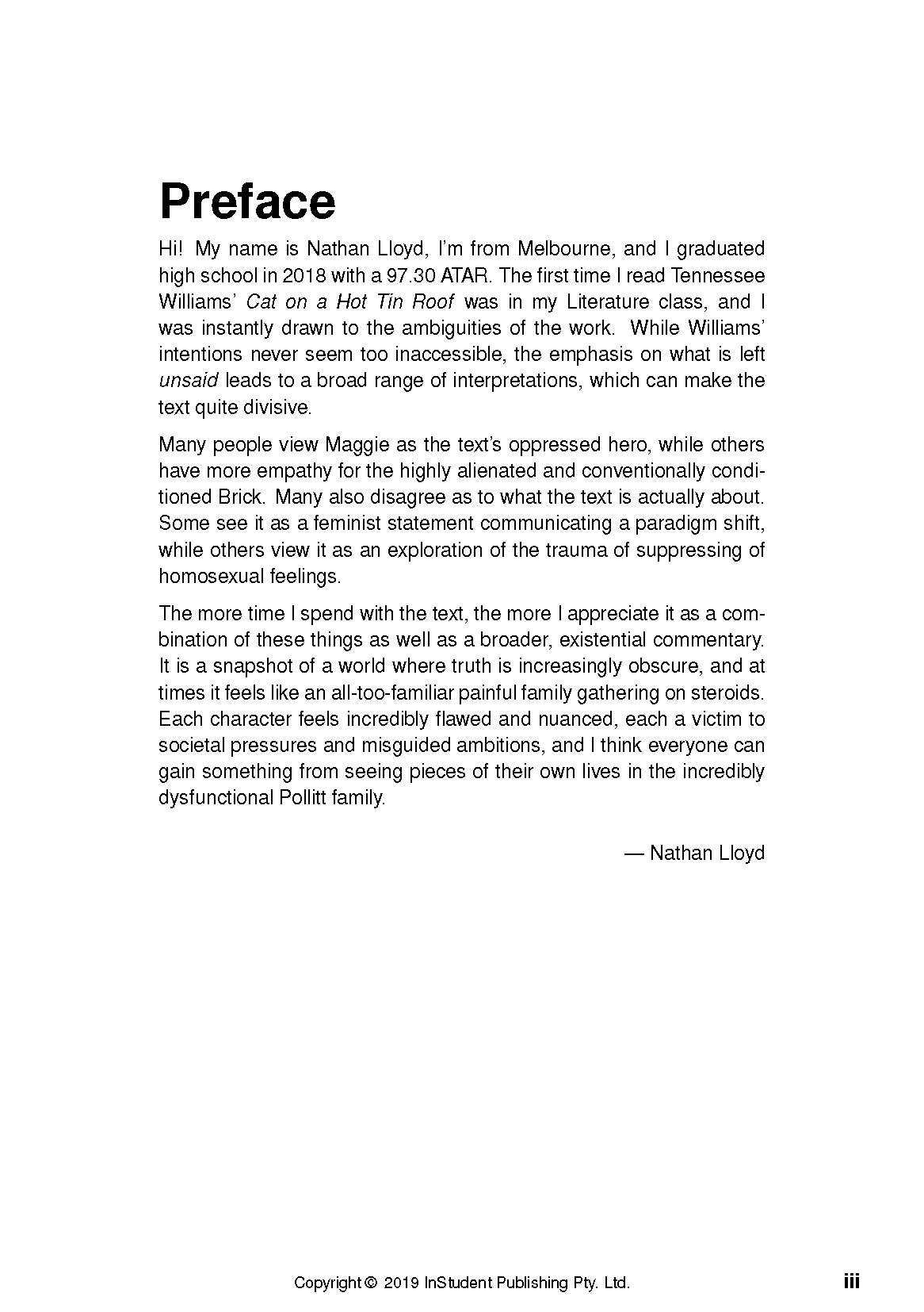 Text guide by InStudent Publishing Pty. Ltd. showing a Preface page by Nathan Lloyd with black text on white, discussing 'Cat on a Hot Tin Roof'.
