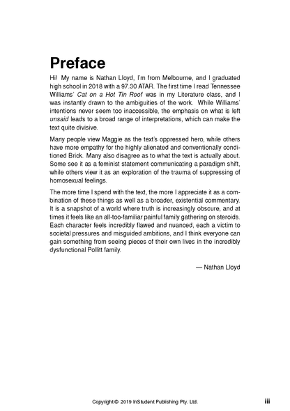 Text guide by InStudent Publishing Pty. Ltd. showing a Preface page by Nathan Lloyd with black text on white, discussing 'Cat on a Hot Tin Roof'.
