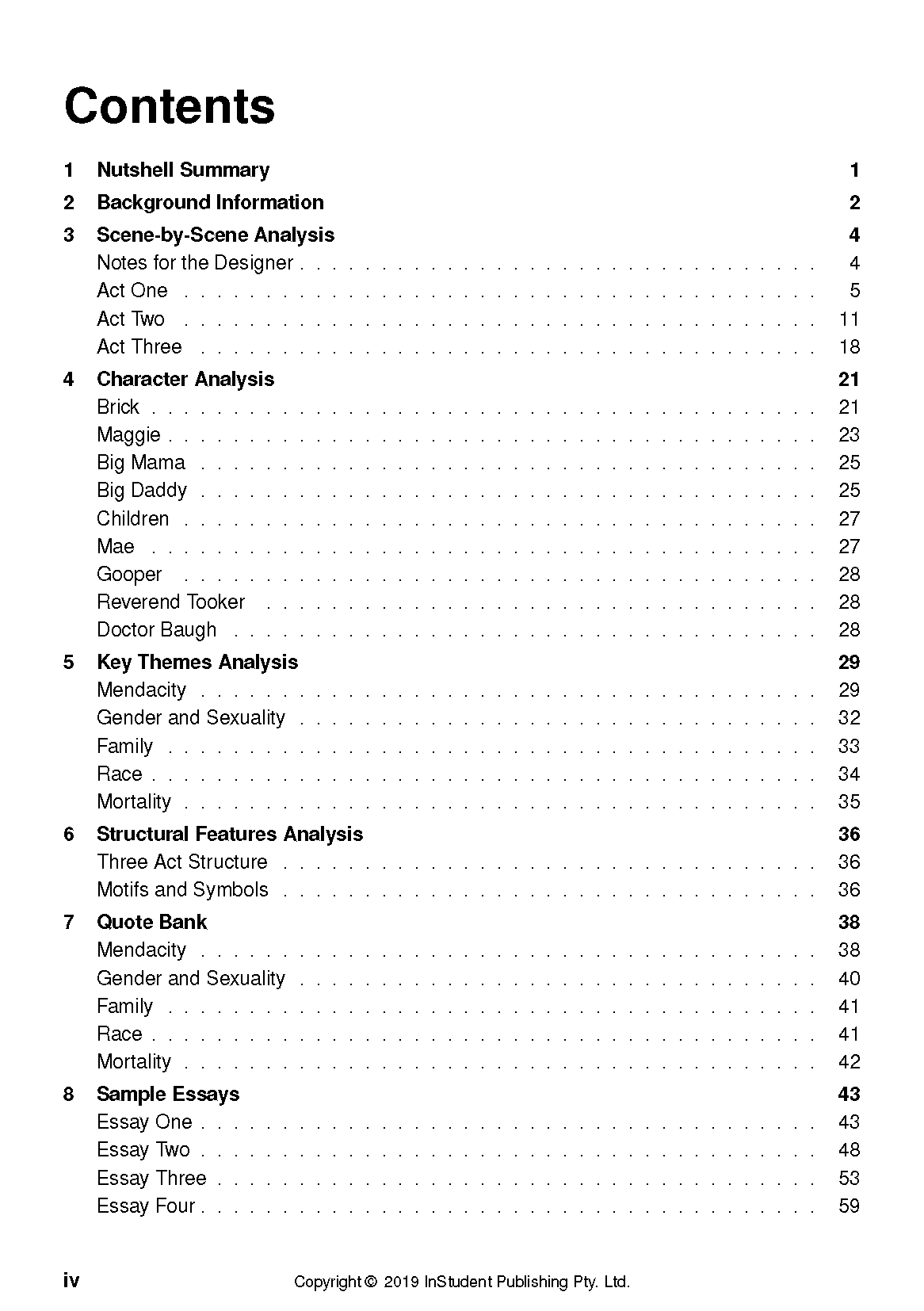 White academic text guide by inStudent Publishing, displaying a detailed contents page with black text.
