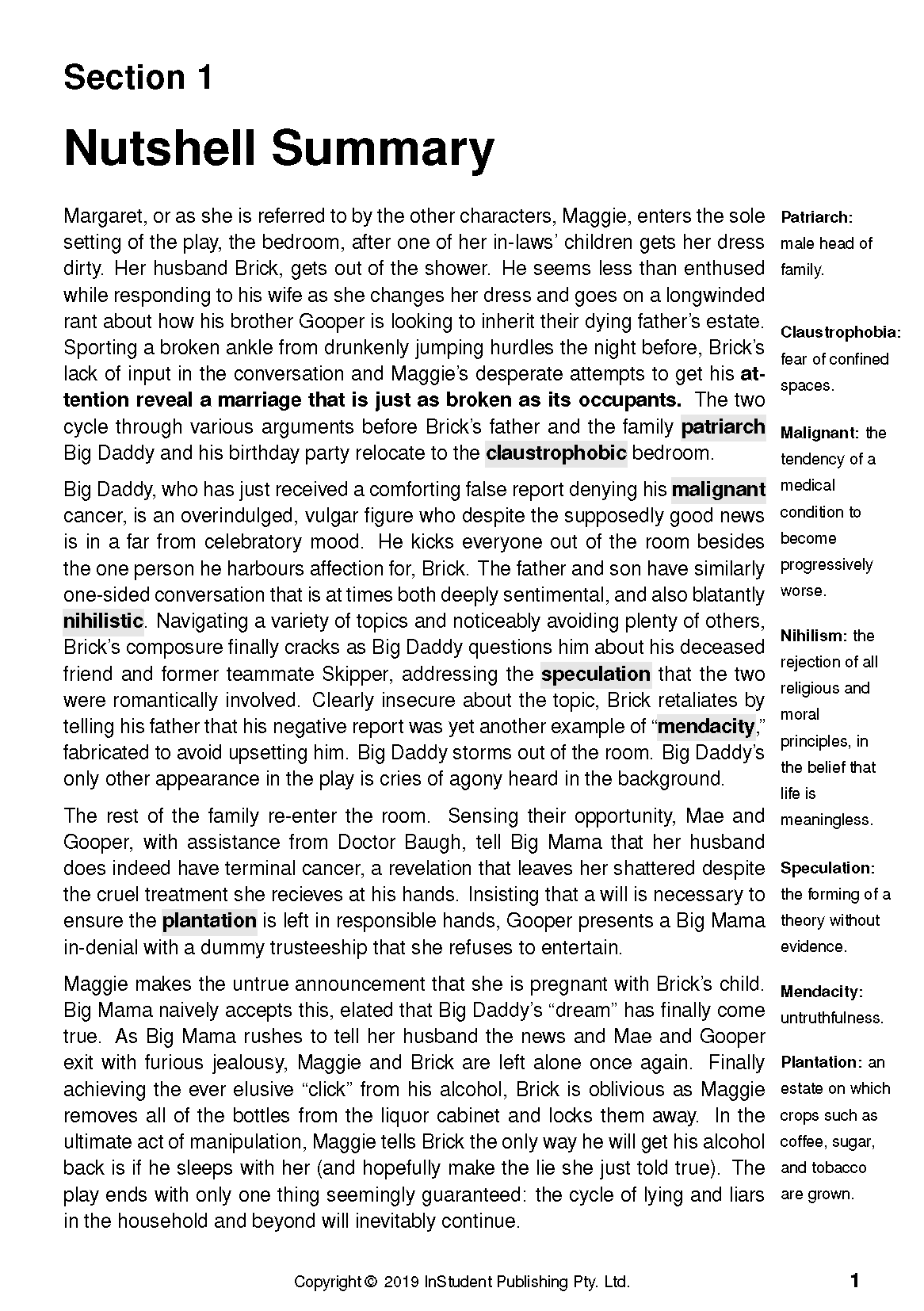 White text guide by InStudent Publishing Pty. Ltd. displaying a "Nutshell Summary" and various term definitions.