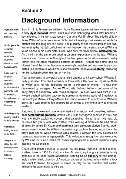 White text guide page by InStudent Publishing Pty. Ltd. with the heading 'Section 2 Background Information' and definitions.