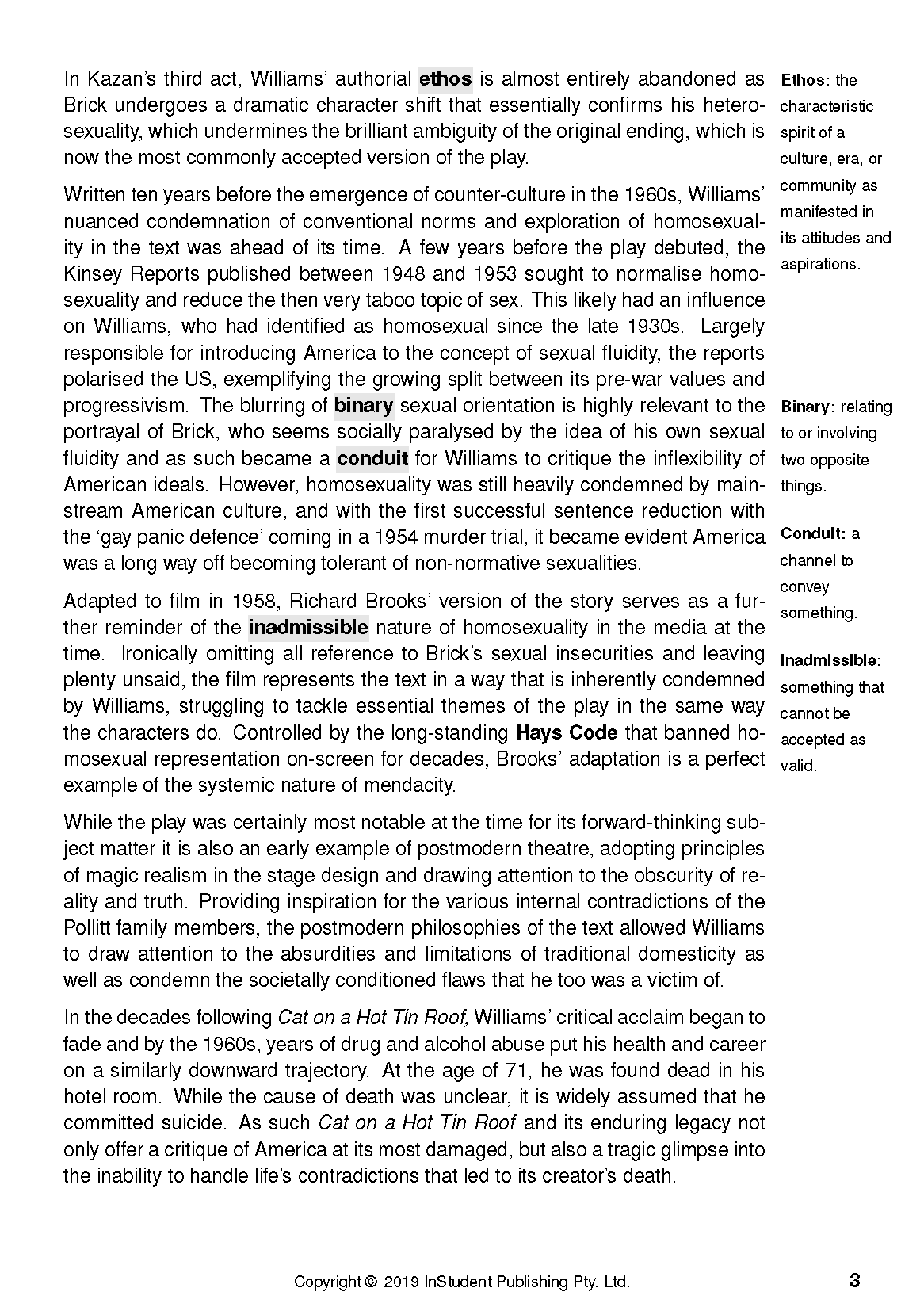 Text guide page on Cat on a Hot Tin Roof by Tennessee Williams, with a sidebar of defined terms.