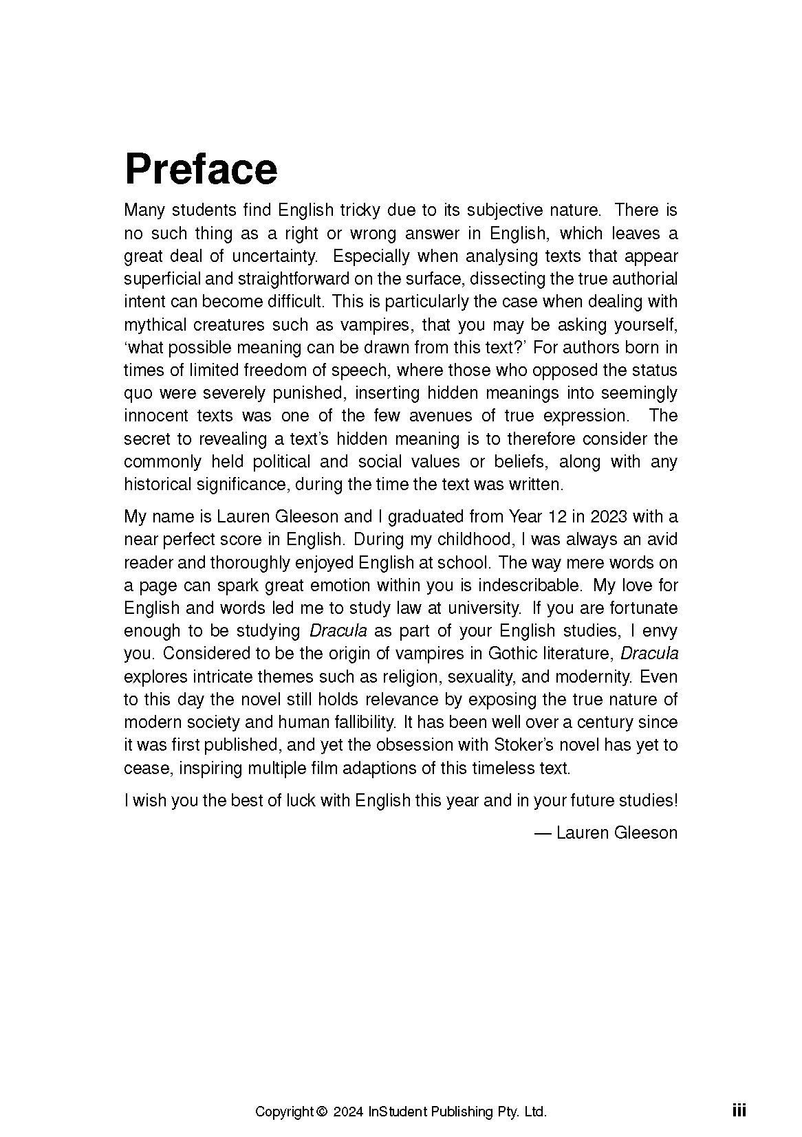 Text guide by InStudent Publishing Pty. Ltd. showing a 'Preface' page with black text on white paper, signed by Lauren Gleeson.