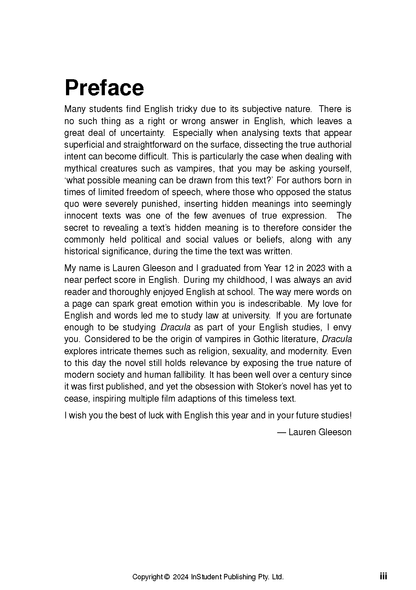 Text guide by InStudent Publishing Pty. Ltd. showing a 'Preface' page with black text on white paper, signed by Lauren Gleeson.